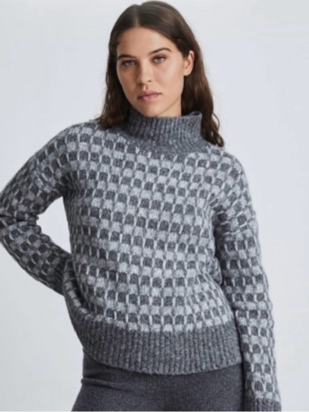 Everlane Cloud Grey Check Alpaca Funnelneck Sweater - Size M